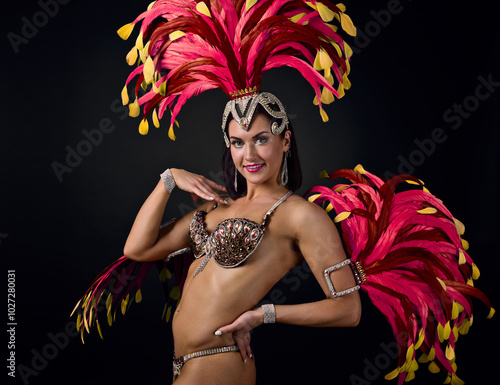 Beautiful brunette in cabaret suit with feathers and rhinestones. photo