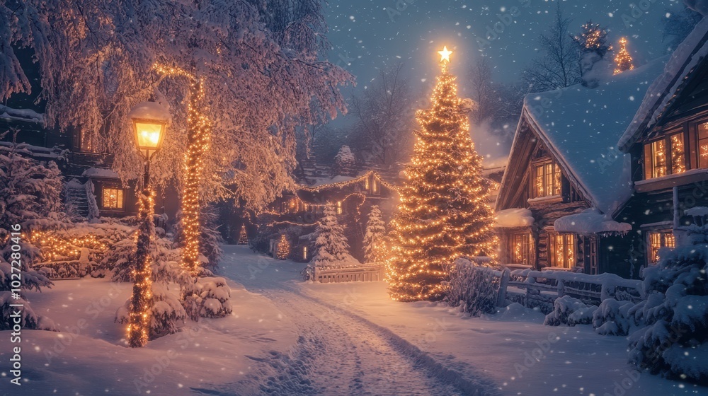 Snowy village adorned with twinkling lights, evoking a magical winter wonderland atmosphere. Snowy village adorned with twinkling lights, evoking a magical winter wonderland atmosphere.