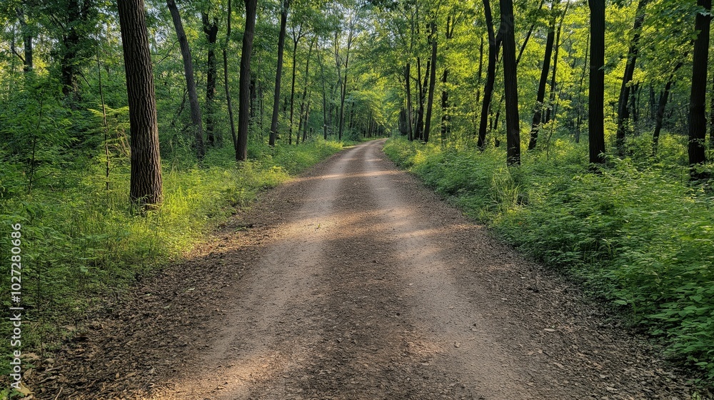 Fototapeta premium Dirt path in a lush green forest with tall trees under sunlight, creating a peaceful and natural atmosphere.