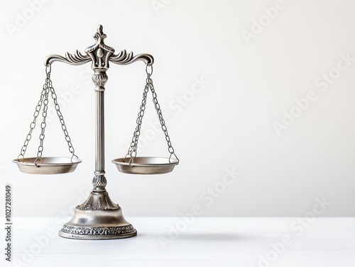 judicial scales rest elegantly on a white background, symbolizing justice and fairness, depicted with precision and clarity, embodying the legal system's integrity photo