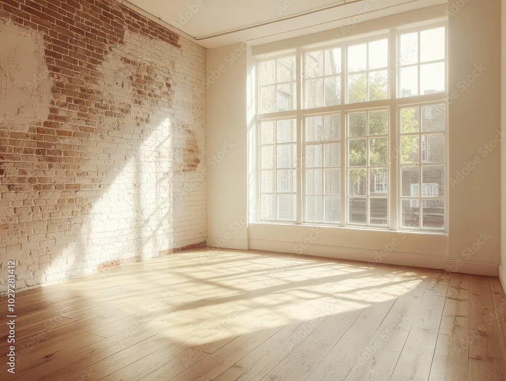 loft-style empty room with a spacious window, soft natural light flooding in over wooden floors and contemporary brick walls, evoking a sense of openness and tranquility loft-style empty room with a spacious window, soft natural light flooding in over wooden floors and contemporary brick walls, evoking a sense of openness and tranquility