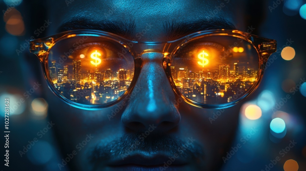 A business-suited man stands confidently with dollar symbols reflecting in his sunglasses, conveying a bold message of wealth and ambition. Comic book pop art style A business-suited man stands confidently with dollar symbols reflecting in his sunglasses, conveying a bold message of wealth and ambition. Comic book pop art style