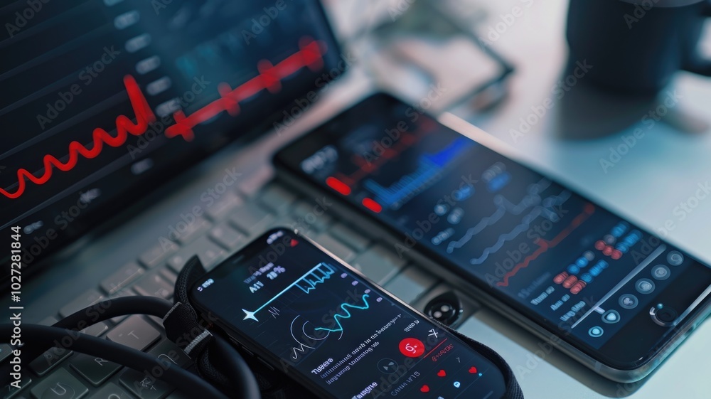 Modern healthcare technology concept with digital heart monitoring devices Modern healthcare technology concept with digital heart monitoring devices