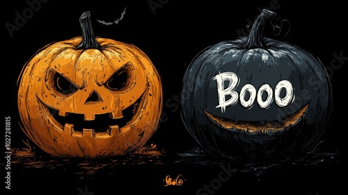 Drawing on a dark isolated background of a scary pumpkin with Halloween carved eyes and the words 