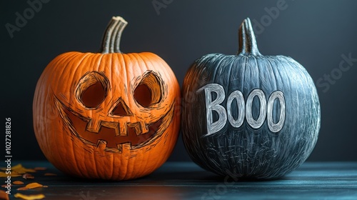 Drawing on a dark isolated background of a scary pumpkin with Halloween carved eyes and the words 