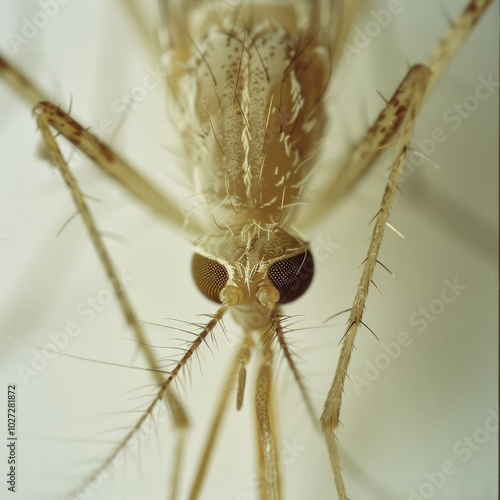 A highly detailed close-up of a mosquito reveals its delicate structure and intricate features on a neutral background.