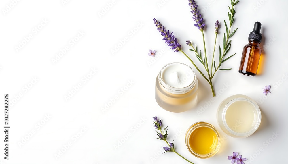 Nature's Touch: A beautifully arranged flat lay showcasing the delicate beauty of natural skincare products and fresh lavender sprigs, invoking a sense of wellness and organic purity. Nature's Touch: A beautifully arranged flat lay showcasing the delicate beauty of natural skincare products and fresh lavender sprigs, invoking a sense of wellness and organic purity.