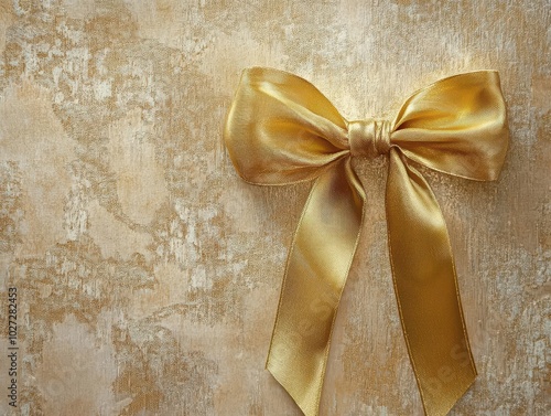 luxurious golden ribbon and bow elegantly displayed against a soft, textured background, symbolizing celebration and elegance in gift-wrapping and decorative arts photo