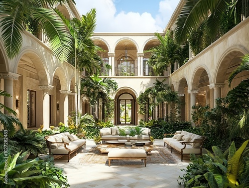 luxurious interior of a sprawling mansion styled like a monastery, showcasing elegant furnishings and lush vegetation, creating an atmosphere of opulence and tranquility photo