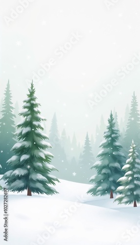 Snowy pine trees in winter landscape with soft snowfall