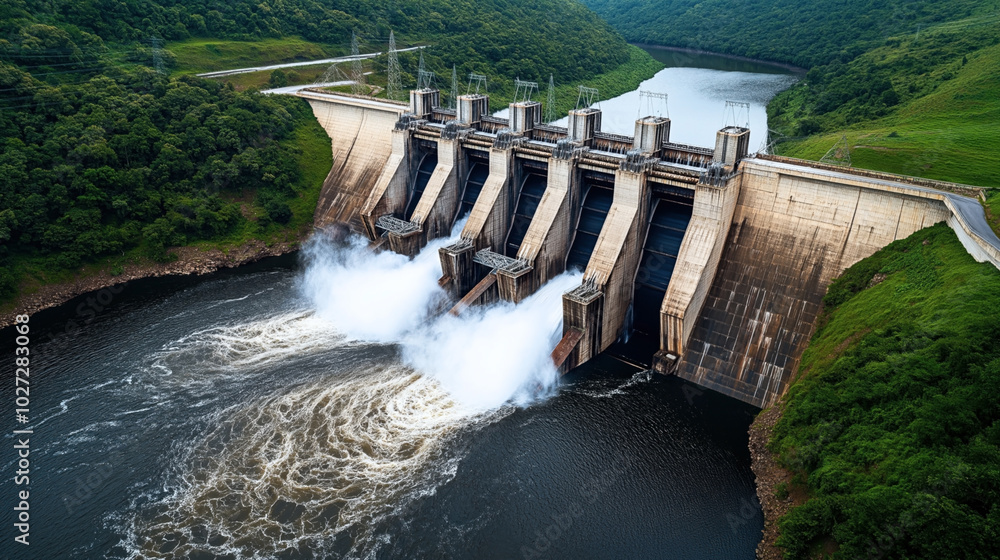 Aerial view of a large hydroelectric dam releasing water with surrounding lush green vegetation and a river flowing downstream. Aerial view of a large hydroelectric dam releasing water with surrounding lush green vegetation and a river flowing downstream.