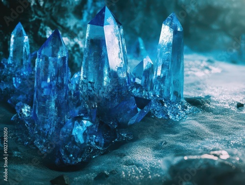 majestic blue crystal formations rise jaggedly from a frozen expanse, surrounded by a stark icy landscape, reflecting the vibrant hues of light and creating a mesmerizing, otherworldly scene photo