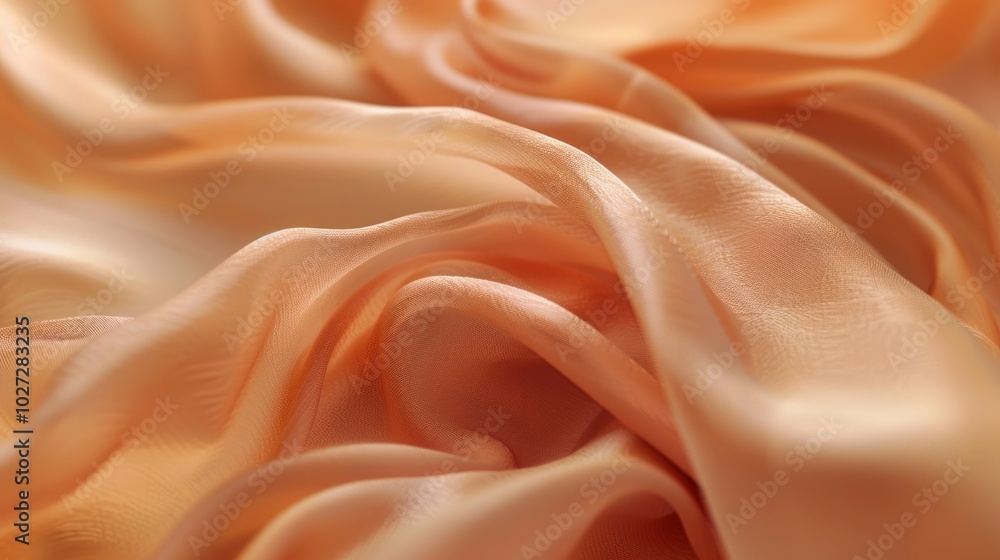 Fototapeta premium Peach silk fabric. Smooth, delicate peach-colored silk fabric, perfect for crafting and design projects, showcasing elegance and luxurious texture.