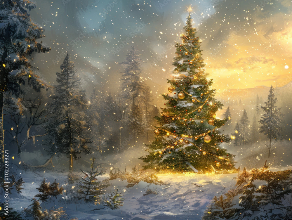 A majestic Christmas tree standing in a snowy forest, adorned with golden lights and delicate ornaments, against a glowing twilight sky A majestic Christmas tree standing in a snowy forest, adorned with golden lights and delicate ornaments, against a glowing twilight sky