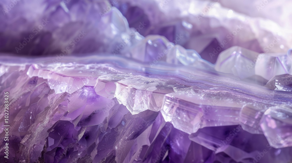 Fototapeta premium Amethyst crystal texture. Close-up view of amethyst crystal formation, showcasing its intricate purple hues and crystalline structure.