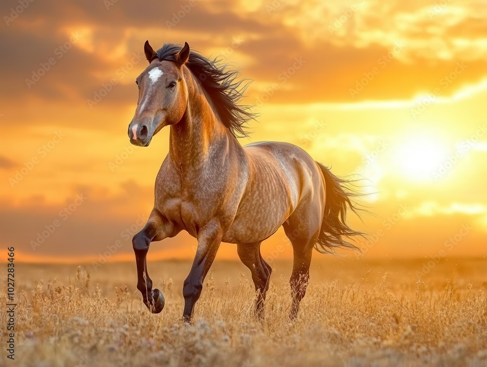 Fototapeta premium majestic wild horse galloping freely across open plains, embodying freedom and strength, with a backdrop of a stunning sunset casting warm hues across the landscape