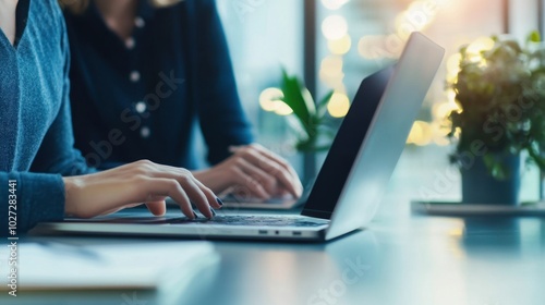 Professionals using a laptop together in an office, minimal background with copy space focusing on their collaboration.