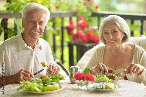 Happy senior couple having diner and posing at home