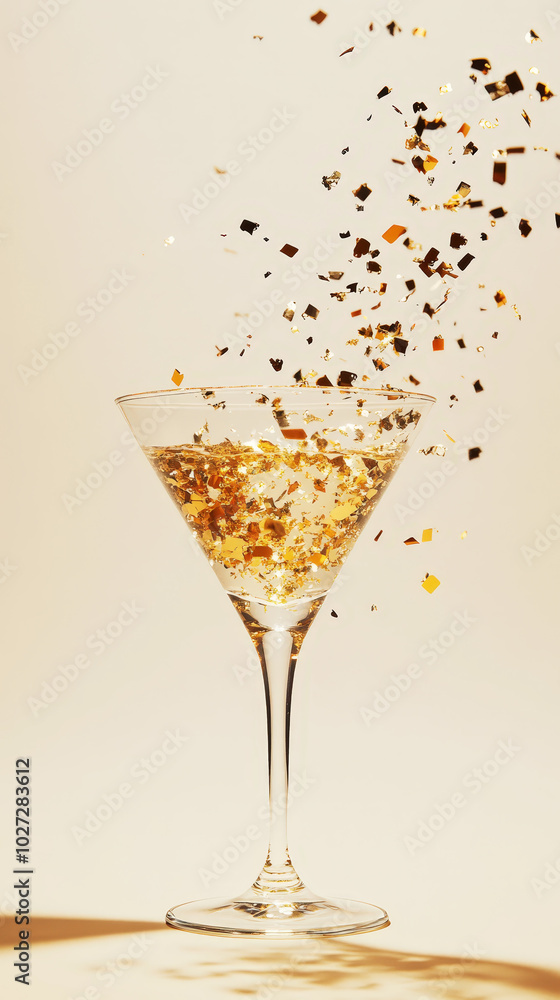 Gold glittering confetti exploding from champagne glass on light background, copy space, party invitation. Generative AI Gold glittering confetti exploding from champagne glass on light background, copy space, party invitation. Generative AI