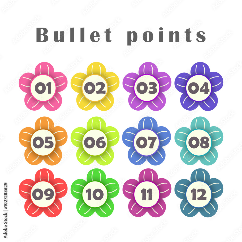 Colorful bullet points flowers, numbers from 1 to 12. Infographics. Vector design. Colorful bullet points flowers, numbers from 1 to 12. Infographics. Vector design.