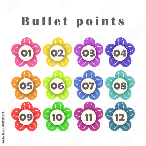 Colorful bullet points flowers, numbers from 1 to 12. Infographics. Vector design.