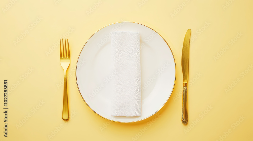 Minimalist served white plate with golden fork and knife, copy space, yellow background. Generative AI Minimalist served white plate with golden fork and knife, copy space, yellow background. Generative AI