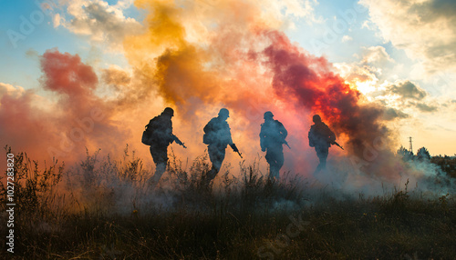 Capture people emerging from clouds of colored smoke or fog in a battlefield-like setting, using colored smoke bombs to create dramatic