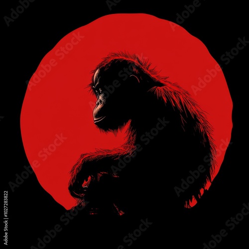 A silhouette of an orangutan sits in front of a large red circle, representing a full moon or the sun. photo