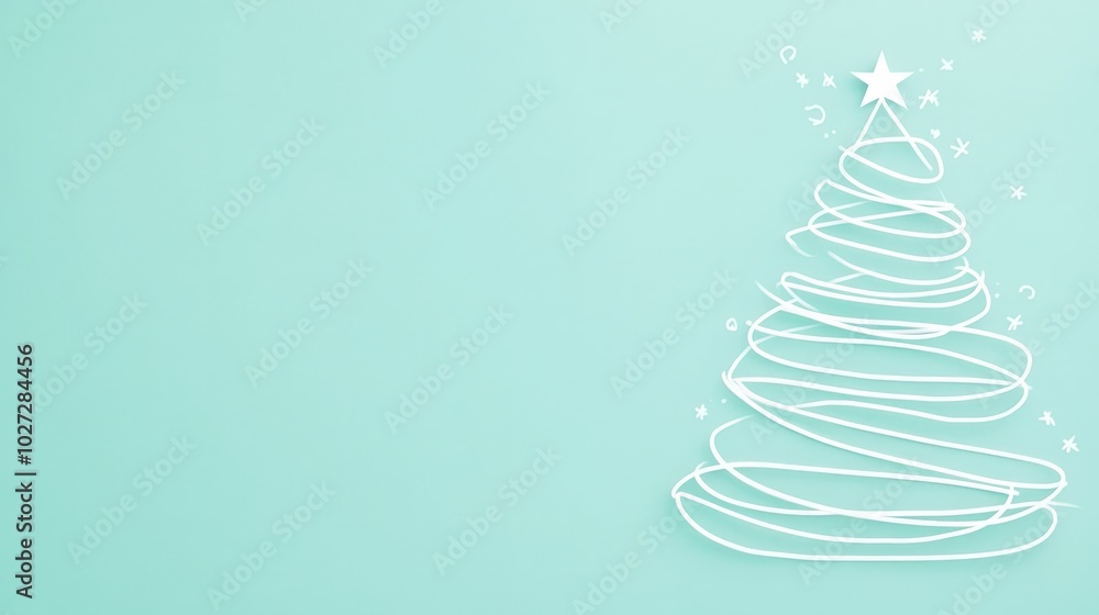 Aesthetic white Christmas tree made of with curved lines, mint background, copy space. Greeting card. Generative AI Aesthetic white Christmas tree made of with curved lines, mint background, copy space. Greeting card. Generative AI