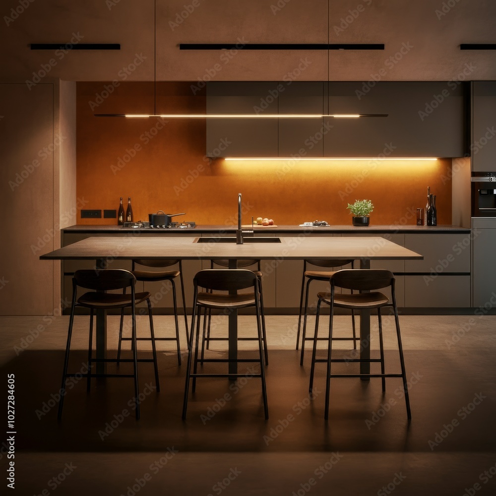 Modern kitchen with a linear pendant light and island seating. Modern kitchen with a linear pendant light and island seating.