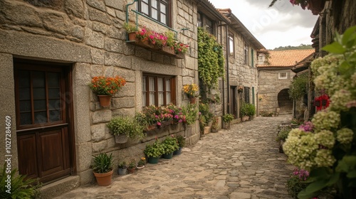 Fototapeta Naklejka Na Ścianę i Meble -  A charming stone house in a quaint European village, with colorful flower boxes adorning the windows and cobblestone streets winding through the town.