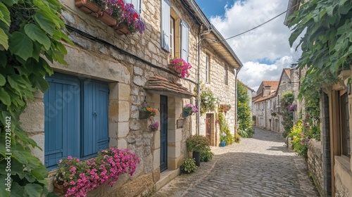 Fototapeta Naklejka Na Ścianę i Meble -  A charming stone house in a quaint European village, with colorful flower boxes adorning the windows and cobblestone streets winding through the town.