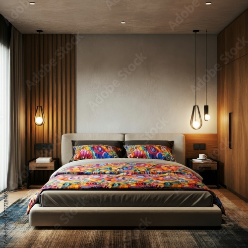 Modern bedroom with a vibrant duvet and a mix of pendant lights.