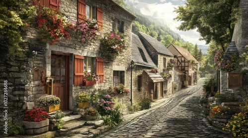 Fototapeta Naklejka Na Ścianę i Meble -  A charming stone house in a quaint European village, with colorful flower boxes adorning the windows and cobblestone streets winding through the town.