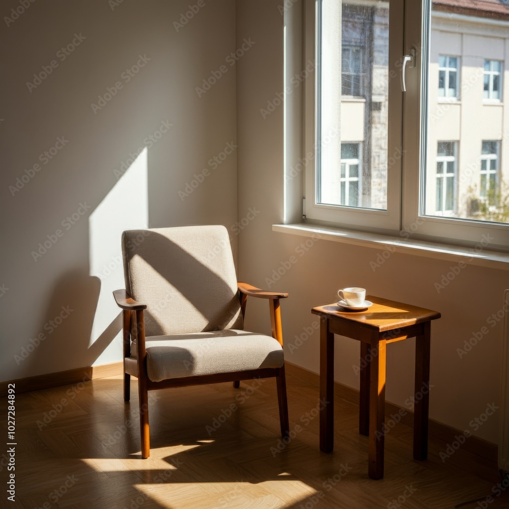 Sun-drenched corner with a mid-century modern armchair. Sun-drenched corner with a mid-century modern armchair.