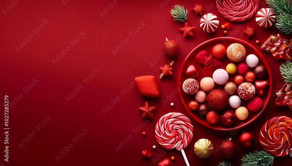 holiday candies top view with space for text on bright background holiday candies top view with space for text on bright background