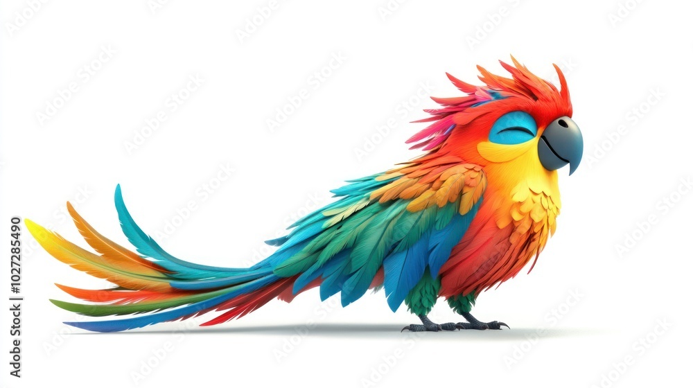 Colorful Cartoon Parrot with Closed Eyes and Feathers Colorful Cartoon Parrot with Closed Eyes and Feathers