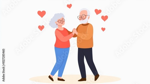 Elderly couple dancing together, surrounded by hearts, celebrating love and companionship.