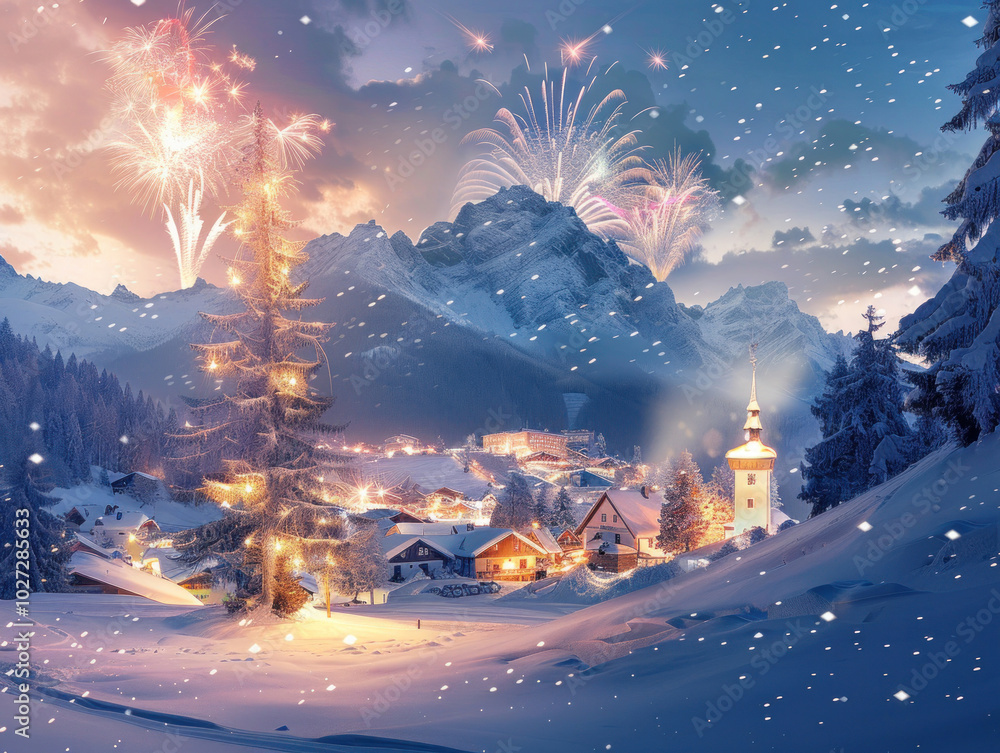 A mountain town New Year celebration with fireworks lighting up the snowy peaks and trees covered in twinkling lights A mountain town New Year celebration with fireworks lighting up the snowy peaks and trees covered in twinkling lights