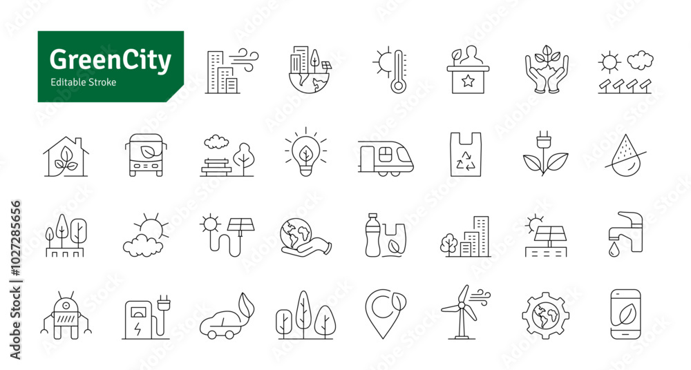 Green City Line Icons Set. Ecology, Sustainable City, Net Zero, Carbon Neutral, Green Energy, Renewable Energy Icons Editable Stroke Vector Illustration Green City Line Icons Set. Ecology, Sustainable City, Net Zero, Carbon Neutral, Green Energy, Renewable Energy Icons Editable Stroke Vector Illustration