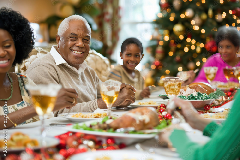 A multigenerational family sitting around a festive dinner table, enjoying a traditional holiday feast with laughter and warmth A multigenerational family sitting around a festive dinner table, enjoying a traditional holiday feast with laughter and warmth