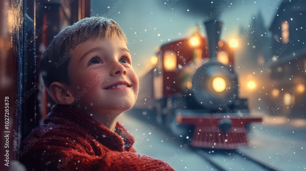 Fototapeta premium Joyful young boy gazes dreamily at a steam train on a snowy winter evening.