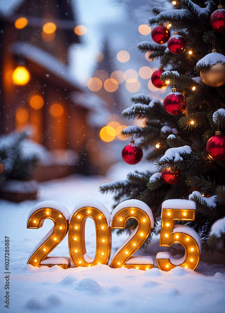 2025 New Year Background. A snowy outdoor winter scene with a christmas tree, ornaments, large golden numbers and glowing lights. Happy new year, warm and festive atmosphere. 2025 New Year Background. A snowy outdoor winter scene with a christmas tree, ornaments, large golden numbers and glowing lights. Happy new year, warm and festive atmosphere.