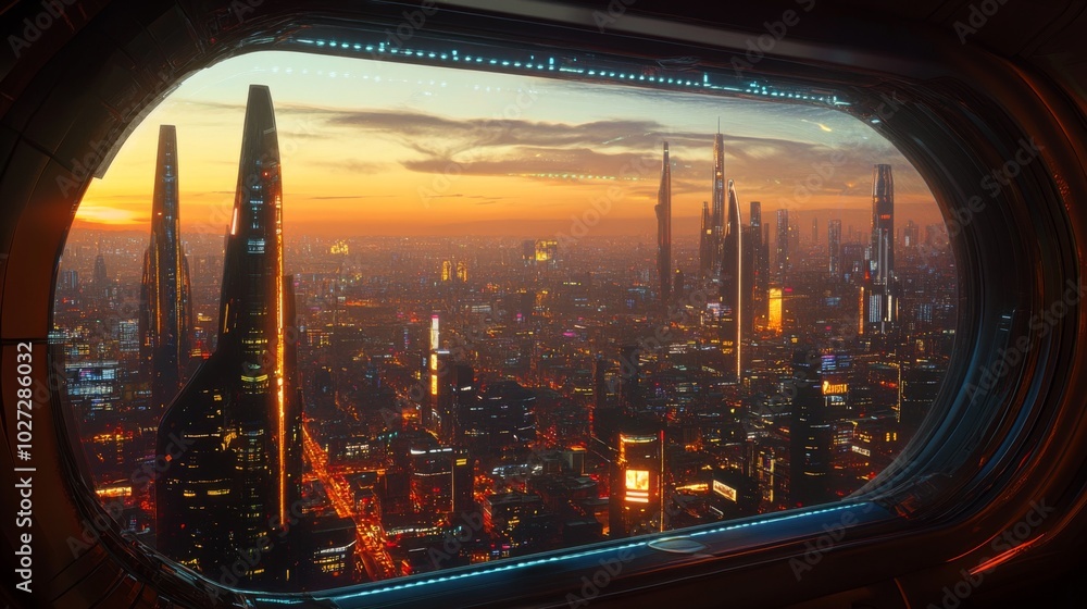 Futuristic cityscape viewed from a window at sunset. Futuristic cityscape viewed from a window at sunset.