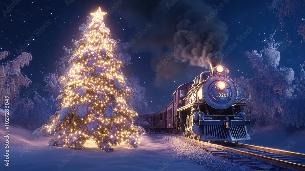 Magical night with a steam train passing by a brilliantly lit Christmas tree in a snowy landscape. Magical night with a steam train passing by a brilliantly lit Christmas tree in a snowy landscape.