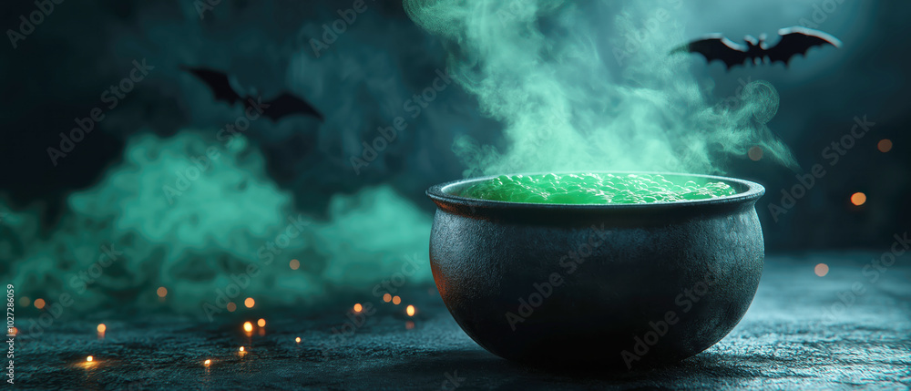 Mystical cauldron bubbling with green potion in a dark setting Mystical cauldron bubbling with green potion in a dark setting