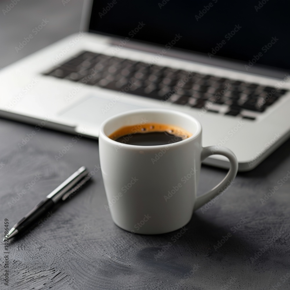 Sleek workspace with a steaming cup of espresso, an elegant pen, next to a laptop; a serene setting for focused, modern work. Sleek workspace with a steaming cup of espresso, an elegant pen, next to a laptop; a serene setting for focused, modern work.