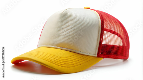 Blank black trucker hat mockup with adjustable strap, mesh back, and curved bill photo