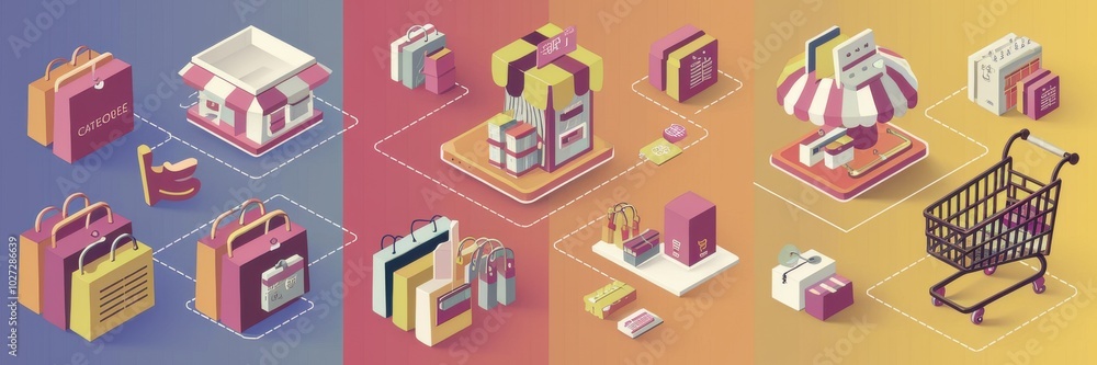 Vibrant Isometric Illustration of Shopping Elements Vibrant Isometric Illustration of Shopping Elements