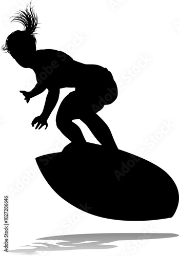 Surfer surfboard boarding female surfer surfing silhouette outline. Woman surf pose design concept.